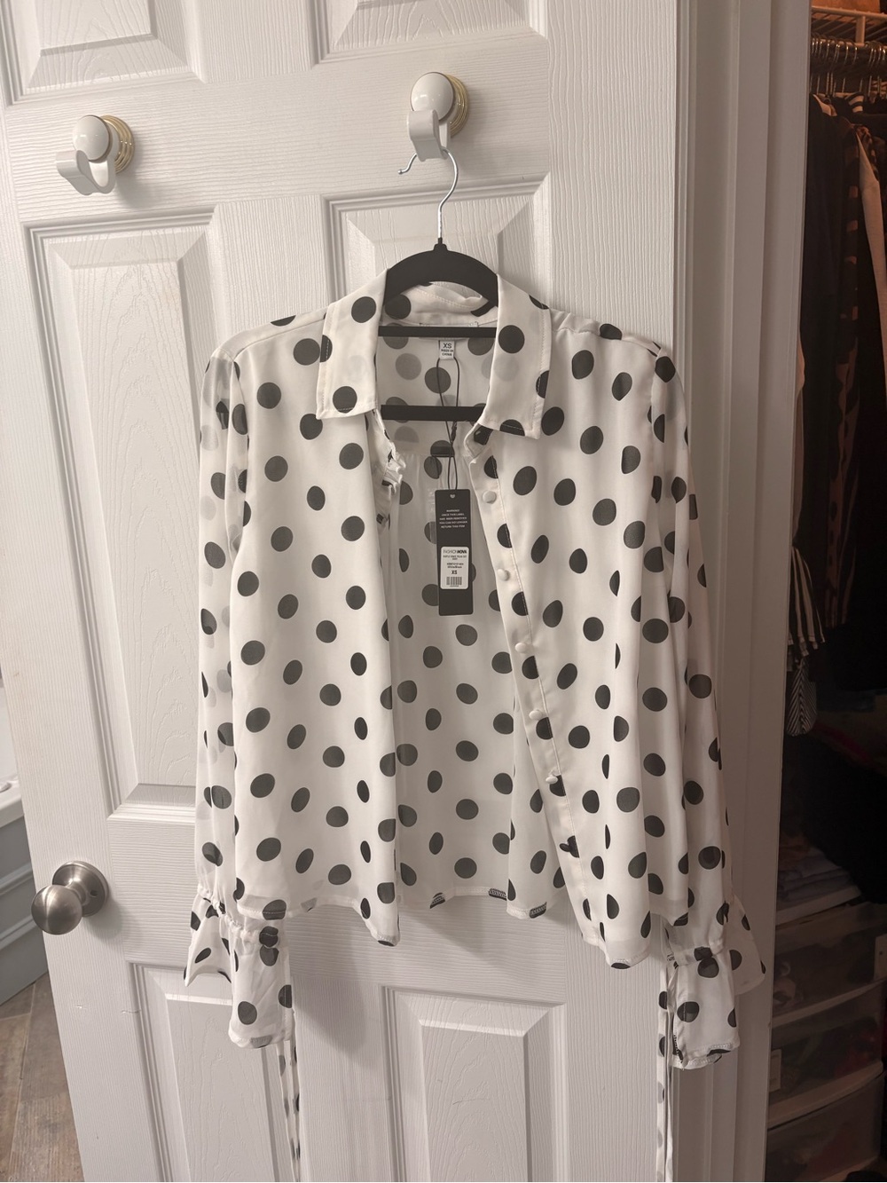 Polka Dot Long Sleeve Button-Up Women’s Top - White with Black Dots